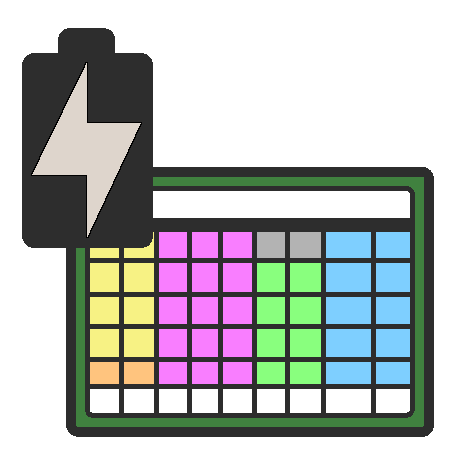 A drawing of an AAC device with a battery in the upper left, which has a white lightning bolt.